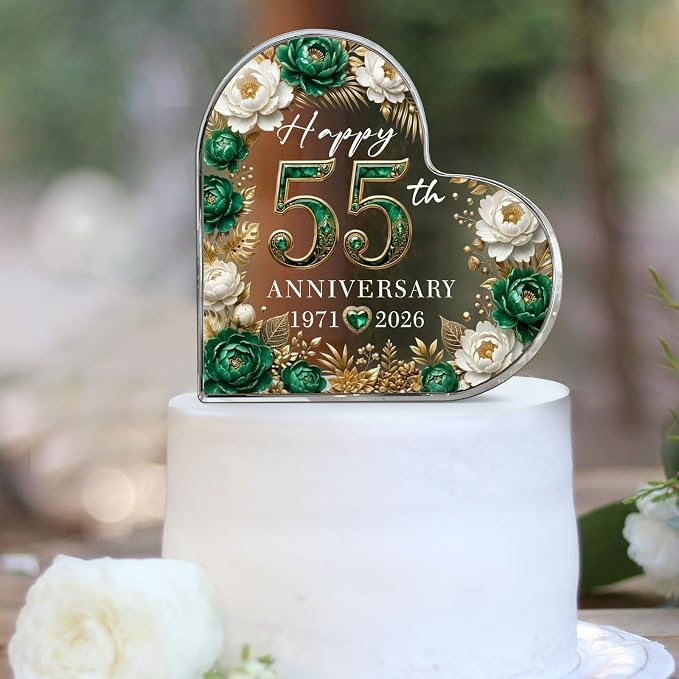 55th Anniversary Cake Topper Acrylic,55 th Anniversary Decorations & Keepsake Gift for Couples（55th Anniversary-Green Floral）