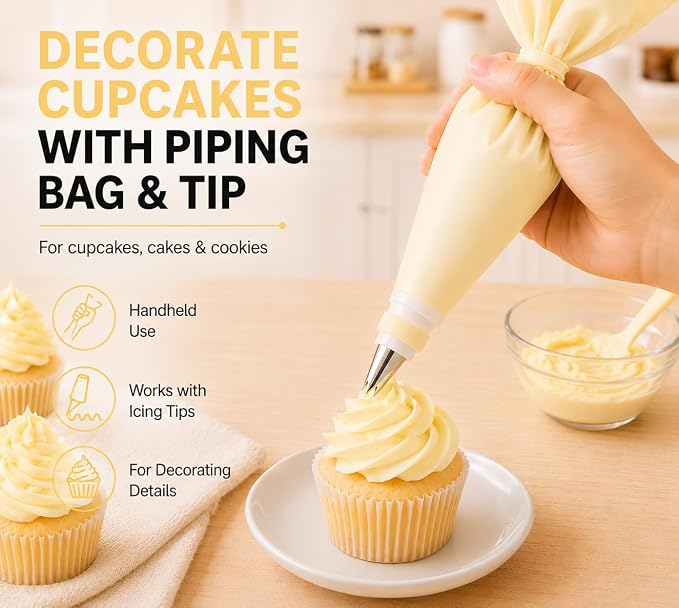 15 PCS Cake Decorating Supplies Set with 2 Reusable Superflex Piping Bags, 6 Stainless Steel Icing Tips, 3 Cake Scrapers, 2 Couplers and Ties for Beginners,Cream Yellow