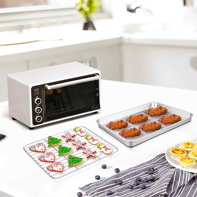 TeamFar 9'' x 7'' x 1'' Toaster Oven Pan with Rack Set of 4, Stainless Steel Compact Toaster Ovenware Pan with Cooling Rack, Healthy & Heavy Duty, Easy Clean & Dishwasher Safe, (2 Pans + 2 Racks)