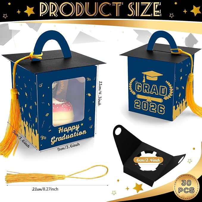 Graduation Cupcake Boxes Individual Cupcake Container Grad Cupcake Gift Boxes with Window for 2026 College Grad Party Bakery Wrapping (Blue-30pc)