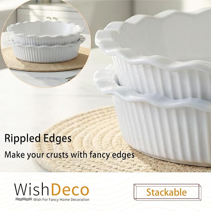 WishDeco Pie Pan for Baking Set of 2, Ceramic Baking Pan 9 inch, Deep Round Pie Dish 50 oz, Pie Plate with Fluted Rim, Porcelain Baking Dish for Apple Pie, Quiche, Tart, Cake Oven & Microwave Safe