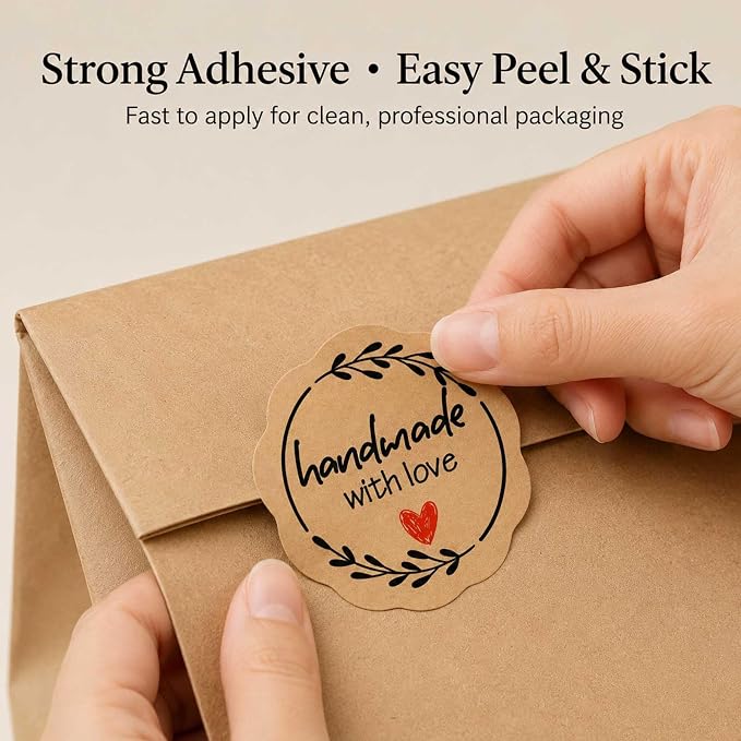 100 Pcs Handmade with Love Stickers, Kraft Paper Bakery Stickers for Bakers & Small Businesses, Packaging Labels for Bread Bags, Treat Bags, Gift Wrapping and Baked Goods 1.7 Inch