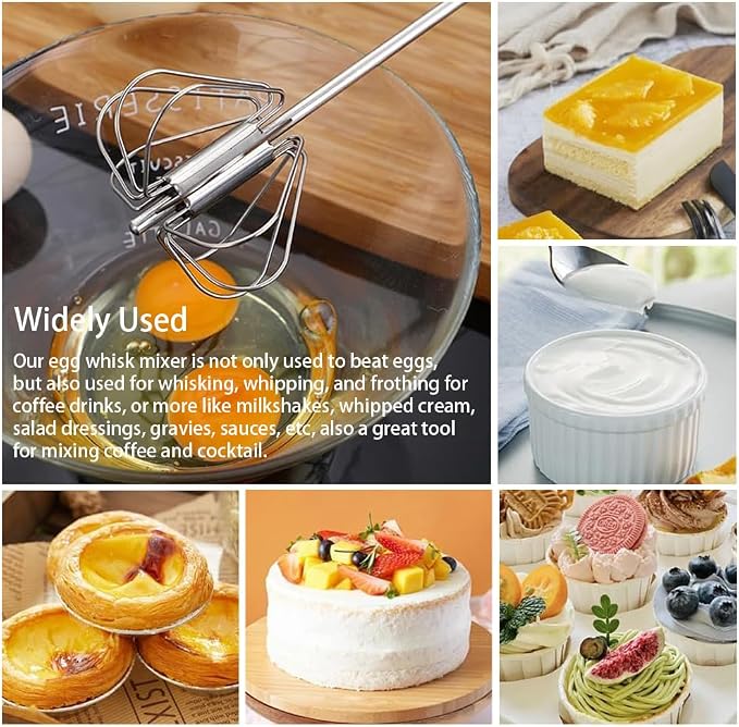 Stainless Steel Semi-Automatic Egg Whisk Set, 2PCS Hand Push Rotary Manual Mixer for Cooking, Whisking, Beating and Stirring (10&12 Inch)