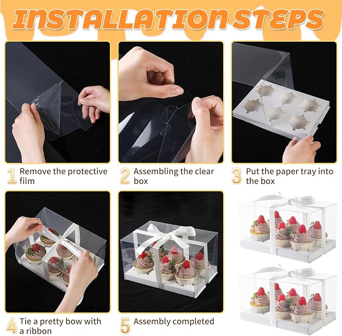 JCD 4 Pack Clear Cupcake Boxes, Plastic Cupcake Containers with Gift Ribbon, 5.5inches height Holder 6 Count Cup Cake Boxes for Parties, Baking, Wedding, Transport (6count/4pcs)