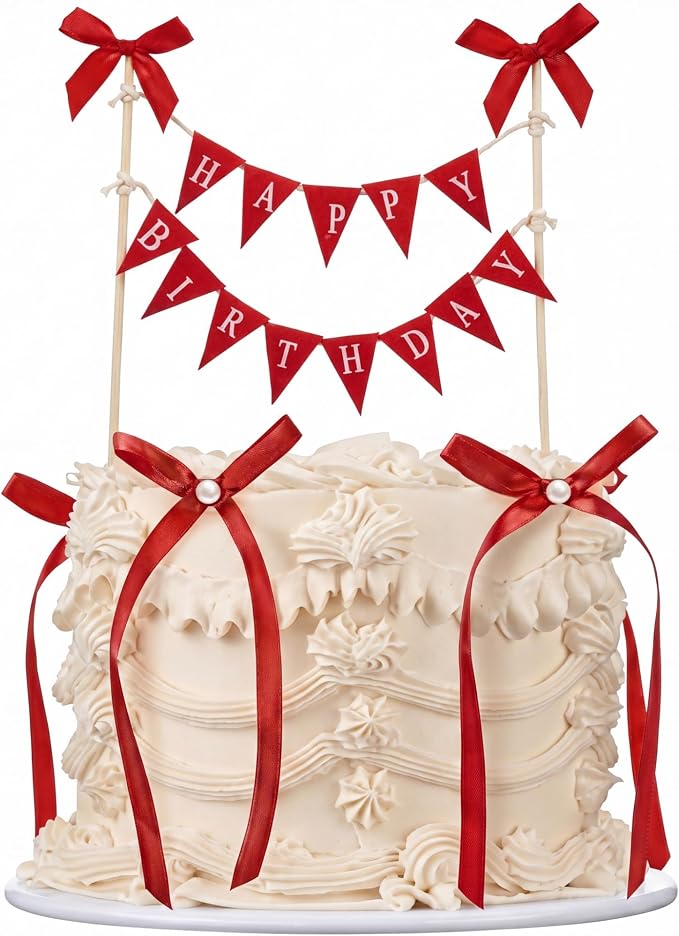 Honeydak 11 Pcs Red Bow Ribbon Cake Topper Happy Birthday Cake Bunting Topper with Wood Pole Handmade Pennant Flags with Bows Ribbon for Birthday, Bridal Party Decoration