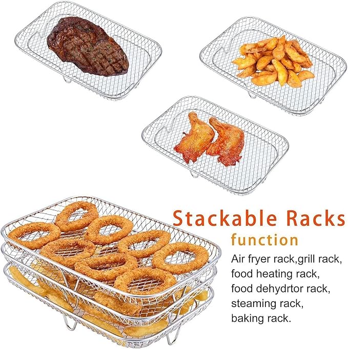 3 layer Square Air Fryer Rack, Stainless Steel Dehydrator, Air Stainless Steel Dehydrator Grill Enhanced Airflow Design Air Fryer Rack for Chicken Wings Vegetables Dual Cakes (Rectangle Set)