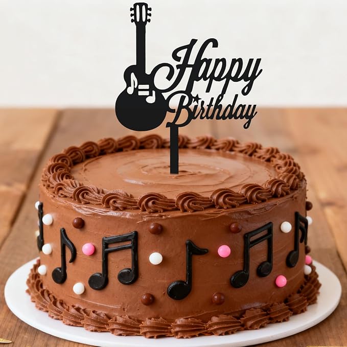 ZHENGYE Black Music Happy Birthday Cake Topper Music Themed Decoration Sign For Birthday Party Decorations Supplies
