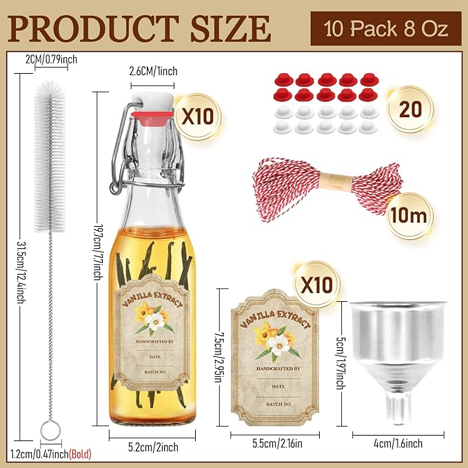 10 Pack Swing Top Glass Vanilla Extract Bottles 8 oz with Lids, Vanilla Extract Labels and Funnel, Glass Boston Bottles for Syrup Gift, Flip Top Jars