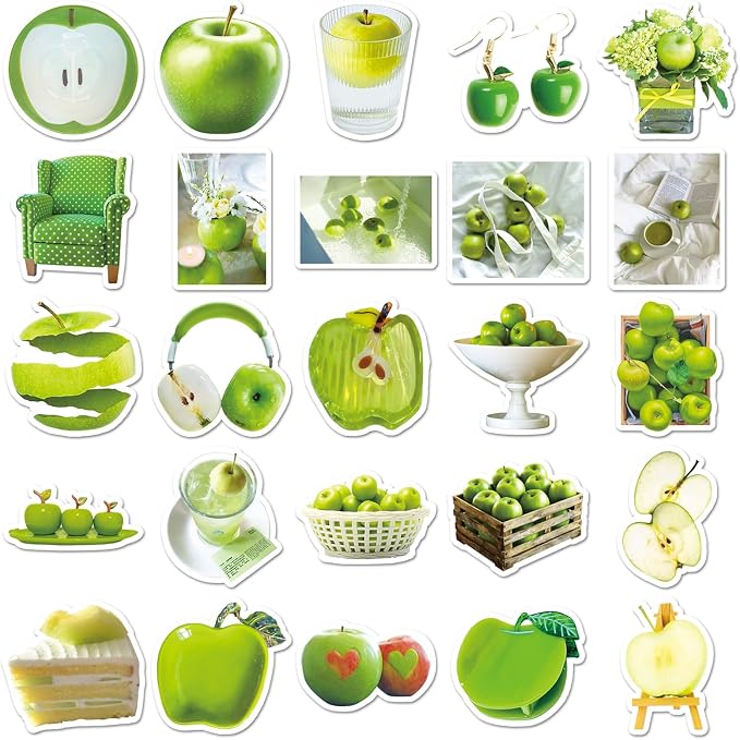 50 Pcs Green Apple Stickers - Ins Style Kawaii Cute Vinyl Decals for Journal, Laptop, Phone Case, Scrapbooking - Waterproof Trendy Sticker Pack (Green Apple)