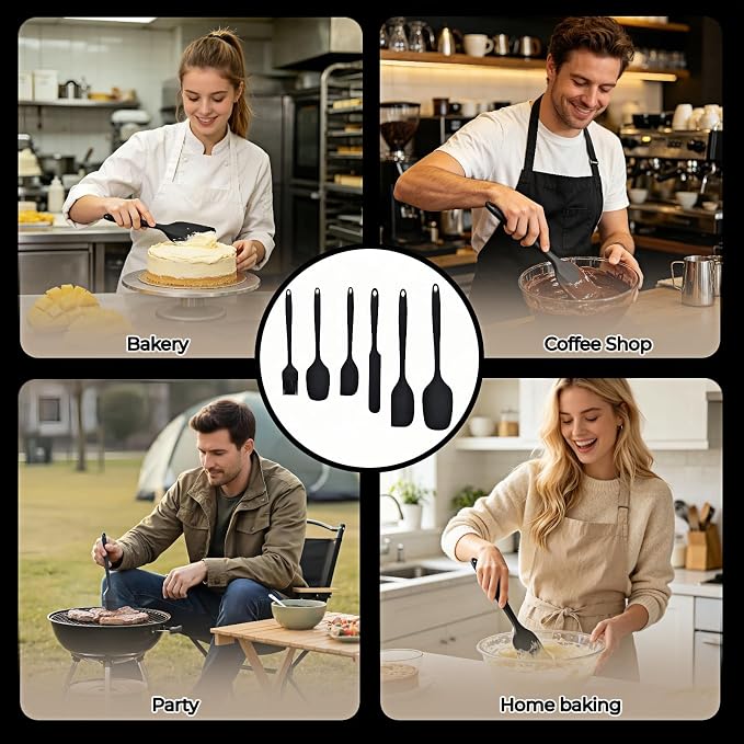 6-Piece Silicone Spatula Set, Heat Resistant Up to 230°C, Non-Scratch Non-Stick Cookware, Seamless One-Piece Design,with Pastry Brush for Baking Cooking Mixing (Black)