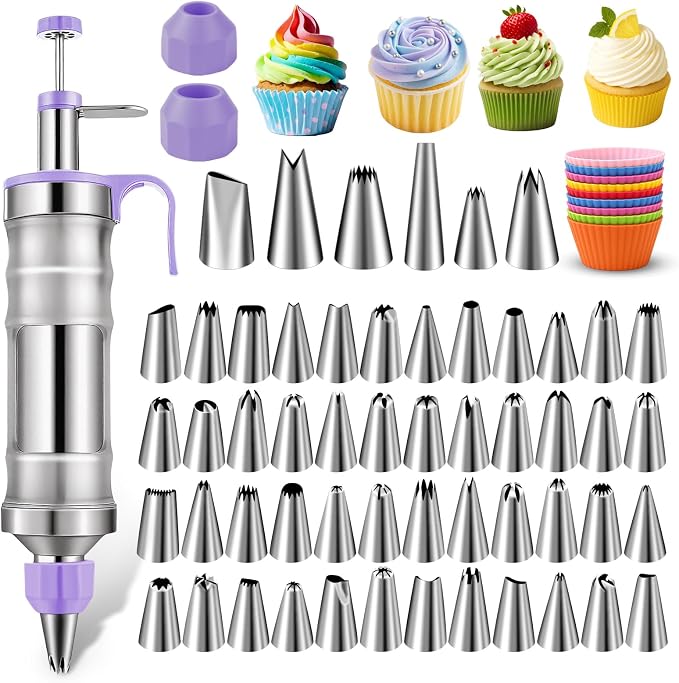 NOVANO Dessert Decorating Syringe Set, Frosting Piping Kit | Stainless Steel, 54 Piping Tips, 9 Silicone Cupcakes, Cake Decorating Kit, Cupcake Decorating Kit