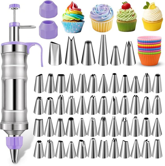 NOVANO Dessert Decorating Syringe Set, Frosting Piping Kit | Stainless Steel, 54 Piping Tips, 9 Silicone Cupcakes, Cake Decorating Kit, Cupcake Decorating Kit