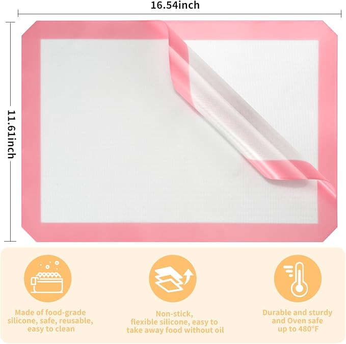 Luckyiren 2-Pack Silicone Baking Mats – Non-Stick Reusable BPA-Free Oven Liners, 100% Food-Grade Silicone, Fit Half Sheet Pans (16.54" x 11.62") for Cookies, Pastry & More, White with Pink Edge