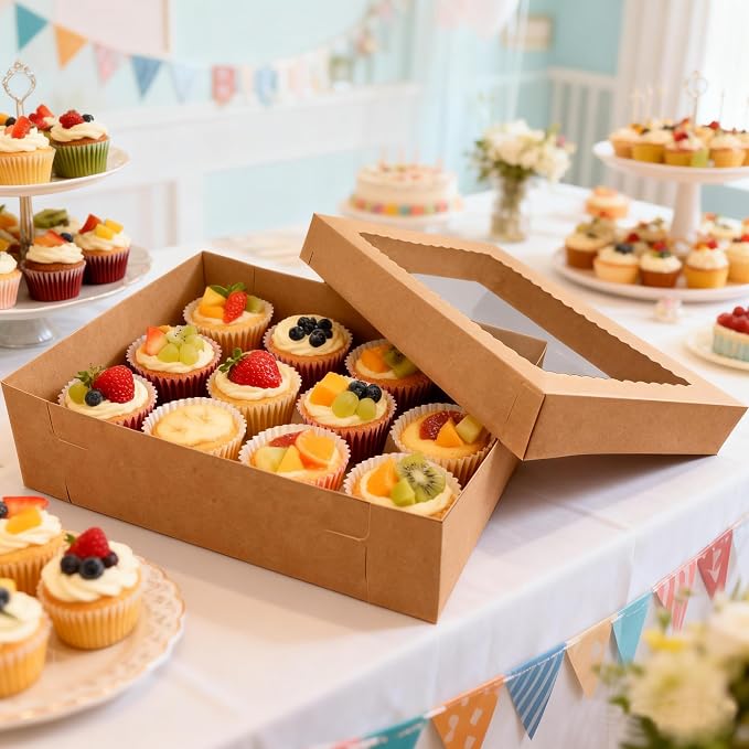 4PCS Kraft Large Cake Box 19x14x4 Inch Rectangular Cake Box with Cake Boards Bakery Boxes for Donuts Cookies Cupcakes Pastry Dessert Packaging Ideal for Weddings Birthdays Baby Showers Parties