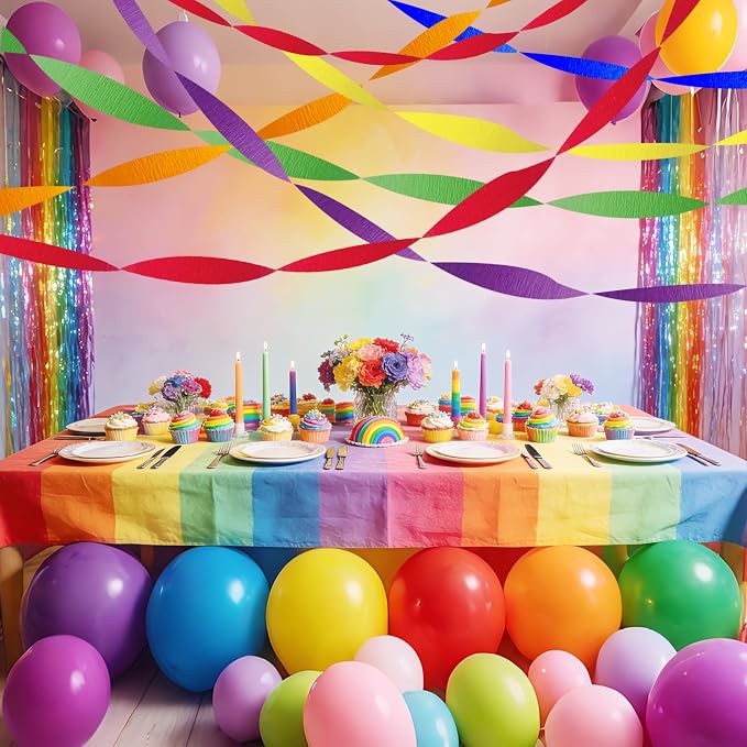 AOYOO Crepe Paper Streamers, 6 Rolls Rainbow Party Streamers in Red, Yellow, Green, Blue, Orange and Purple, Vibrant Decorations for Fiesta, Circus, Carnival and Superhero Party Supplies
