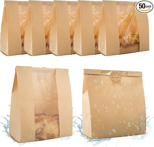 50 Pcs Bread Bags for Homemade Bread With Window Sourdough Paper bread Bags.(13.7x8.2x3.7 in),Packaging & Storage of Baked Goods Suitable for Bakers.Package includes 60 Cute Sealing Stickers.