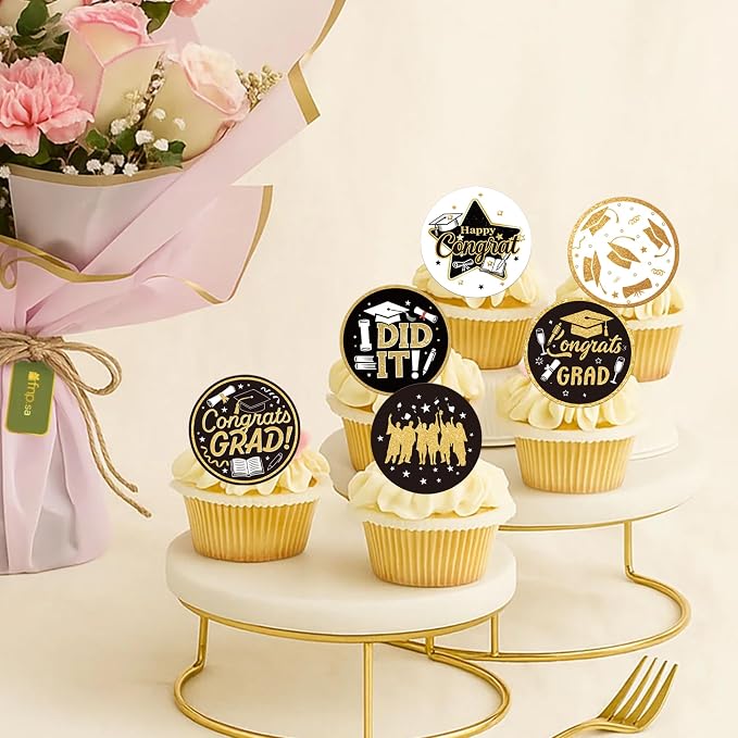 63 PCS Edible 2026 Graduation Cupcake Toppers Wafer Paper Class of 2026 Cake Decorations Edible Diploma Congrats Grad Cap Cupcake Picks for Congratulations 2026 Graduation Theme Party Supplies Gold