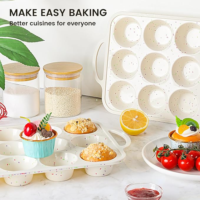 Vinino 2Pack Silicone Muffin Pan for Baking with Metal Reinforced Frame, Regular 12 Cup and Jumbo 6 Cup Nonstick Cupcake Pan Set, BPA Free Silicone Muffin Tray Molds for Oven Dishwasher Safe