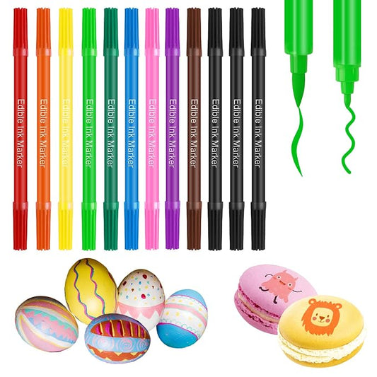 12PCS Food Coloring Pens - Double Sided Edible Markers with Fine & Thick Tips | Ideal for Fondant, Cakes, Cookies, Frosting, Easter Eggs & Macaron Decorating | Food Grade Gourmet Writer Pens