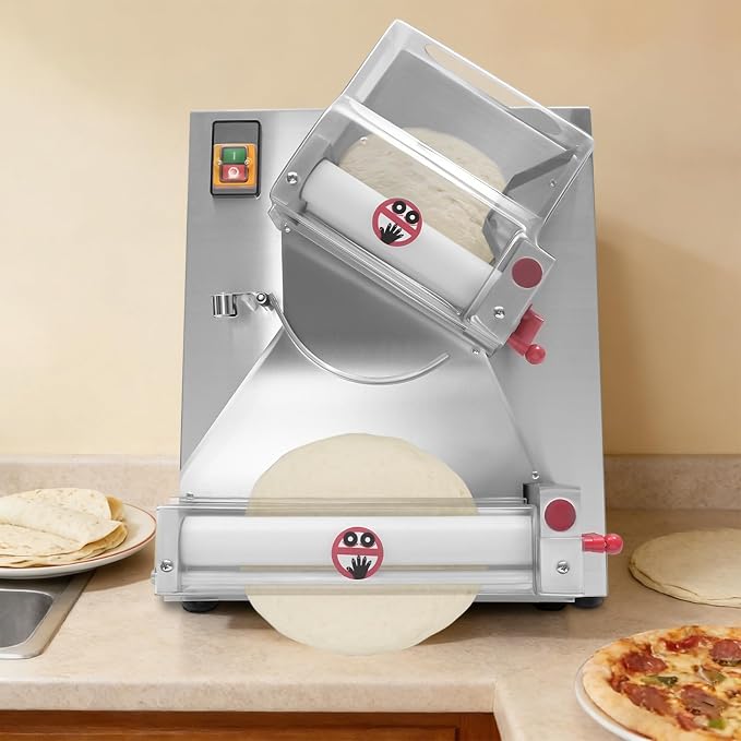 370W Pizza Dough Roller Sheeter, Dual Roller Dough Press Machine for 4-12 Inch Pizza, Adjustable Thickness 0.7-5.4mm, Automatic Pizza Maker for Commercial & Home Use, Silver