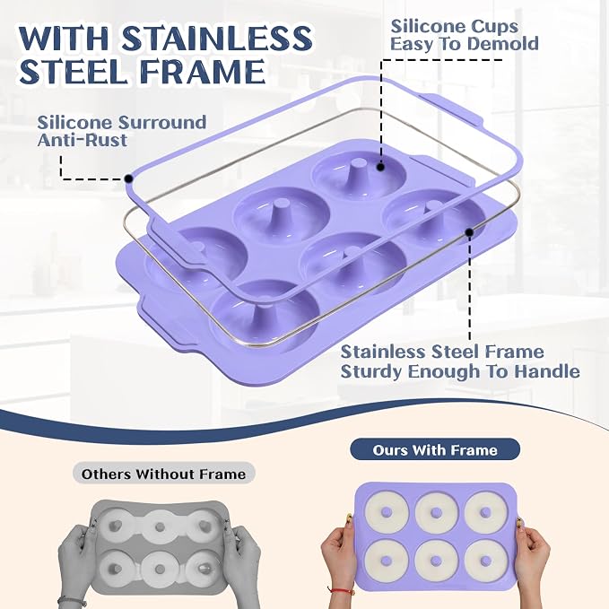 Silicone Donut Pan Baking: 3.5 Inch Doughnut Pans with Metal Frame -Nonstick Silicone Donut Molds for Baking Gluten Free Glazed Vegan Protein Donuts Bagel - for Oven Kitchen - Home Bakers