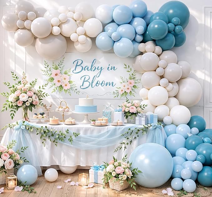Baby in Bloom Balloon Arch Kit 144pcs Dusty Blue Baby Boy Baby Shower Mom to be Boho Floral Wildflower Party Decorations (Blue)