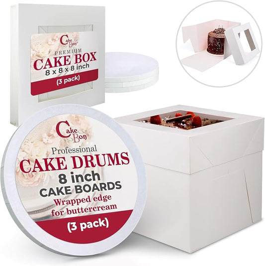 Cakebon Cake Boxes with Drums - 8 Inch Round White Cake Boards/Base para Pasteles (3-Pack) - Caja para Pasteles with Window for Birthdays, Weddings and Parties