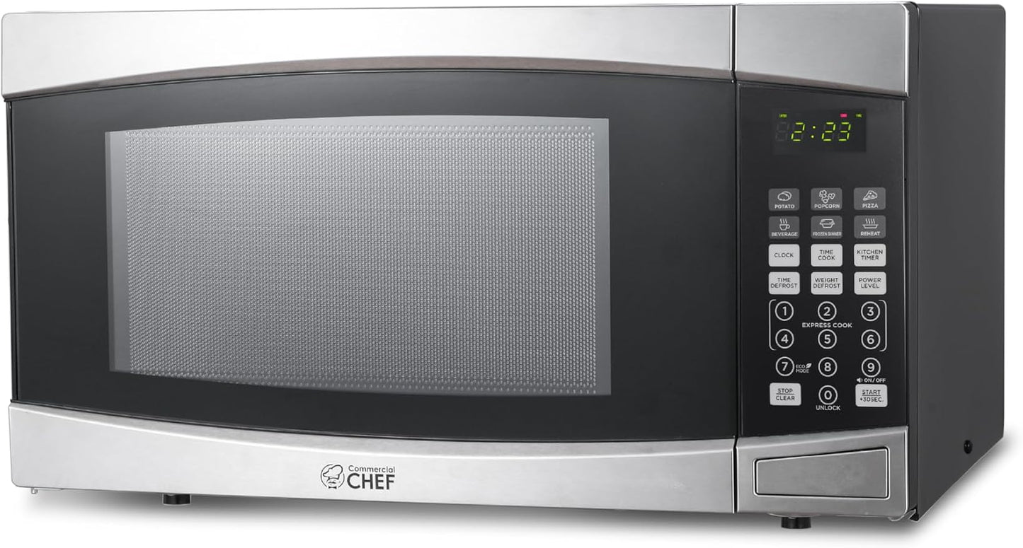 COMMERCIAL CHEF 1.4 Cubic Foot Microwave with 10 Power Levels, Small Microwave with Push Button, 1100 Watt Microwave with Digital Control Panels, Countertop Microwave with Timer, Stainless Steel