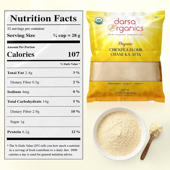 Darsa Organics Chickpea Flour 2 lb - Premium Stone Ground Besan Flour - Gluten Free Garbanzo Bean Flour for Baking and Cooking - Non-GMO Gram Flour, Chemical Free, Vacuum Sealed Bag