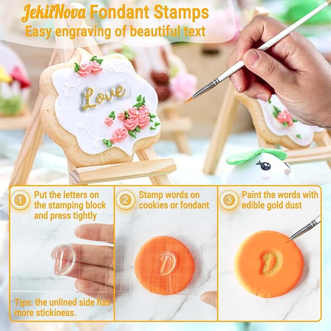 4PCS Alphabet Cake Stamps Tool for Fondant Cookie Biscuit, Pretty Handwriting Food Grade Fondant Letter Stamp Uppercase Lowercase Numbers Words Reusable Cookie Stamp for Christmas Party