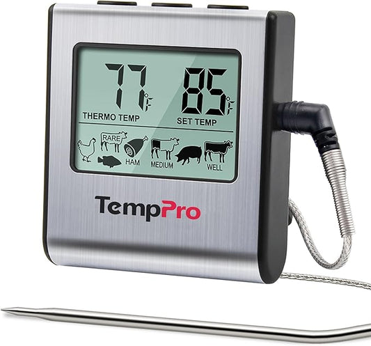 TempPro TP16 Large LCD Digital Meat Thermometer for Smoker Oven Kitchen BBQ Grill Thermometer Clock Timer with Stainless Steel Temperature Probe, Cooking Gifts for Father&Husband(Previously ThermoPro)