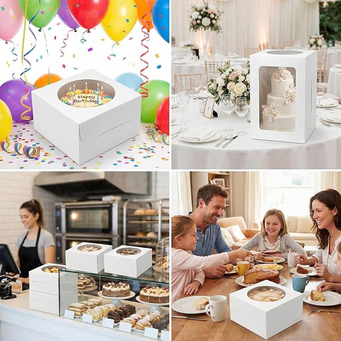 3 Pack 10x10x8 Inch White Cake Boxes with Window and Lids – Disposable Bakery Boxes for Cakes, Donuts, Pies, Cookies – Birthday, Wedding, Party Supplies