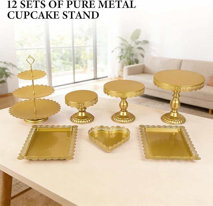12 Set of Gold Cake Stand, Metal Gold Cupcake Stand and Bases para Postres de Mesa, Elegant Gold Dessert Stands for Party and Wedding, Easy to Clean Desert Table Display Set