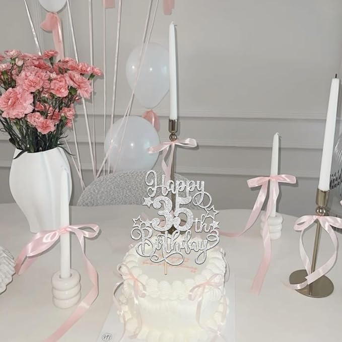 1 PCS Happy 35th Birthday Cake Topper Glitter Cheers to 35 Years Birthday Cake Pick Hello 35 Fabulous Cake Decoration for Happy 35th Birthday Anniversary Party Decorations Supplies silver