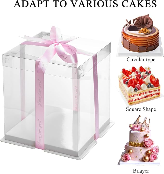 8x8x10Inch Tall Cake Boxes, 5 Pack Bakery Boxes for Tier Cakes, Disposable Cake Bakery Box with ribbon, Clear Cake Box for Pastry Wedding Birthday