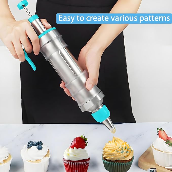 Dessert Decorating Syringe Set, Frosting Piping Kit, Blue | Icing Piping Kit, Stainless Steel, 30 Piping Icing Nozzles, Cake Decorating Tools
