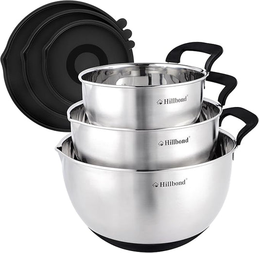 Hillbond Stainless Steel Bowls with Lids Set Mixing Bowls with Pour Spout, Silicone Handle and Non-Slip Bottoms for Baking, Metal Bowls Mixing Dishwasher Safe, Set of 3, Mother’s Day Gift (Black)