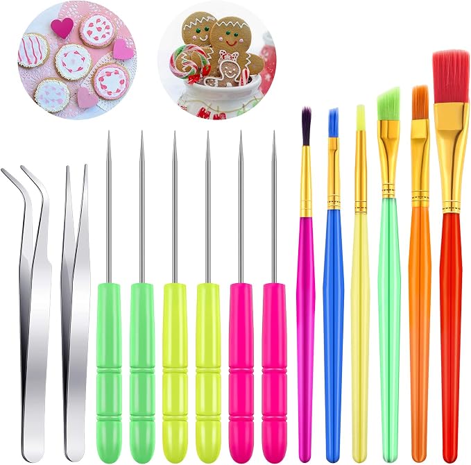 Patelai 14 Pcs Cookie Decorating Tool Set Easter Fondant Cake Decorating Brushes Scribe Cookie Tool Sugar Stir Needle Baking Elbow and Straight Tweezers for Easter Sprinkles Supplies for Fondant