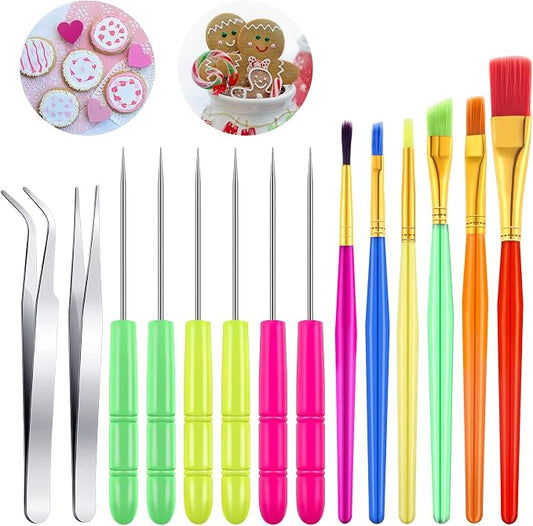 Patelai 14 Pcs Cookie Decorating Tool Set Easter Fondant Cake Decorating Brushes Scribe Cookie Tool Sugar Stir Needle Baking Elbow and Straight Tweezers for Easter Sprinkles Supplies for Fondant