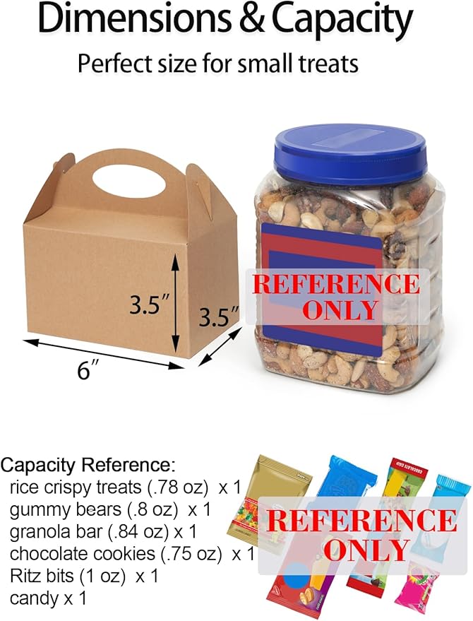 Happyhiram 50 Count Party Favor Boxes Kraft Brown, Treat Boxes with Handles 6" Gable Boxes Candy Party Favor Paper Gift Boxes for Kids Birthday Baby Shower Bridal Shower