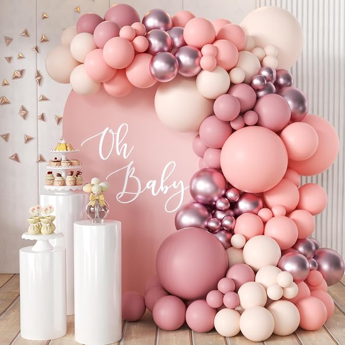 MEBAY Dusty Pink Balloon Arch Kit, 166Pcs Pastel Nude Light Pink Metallic Balloons Garland for Wedding Bridal Baby Shower Princess Girl Women Birthday Party Decorations