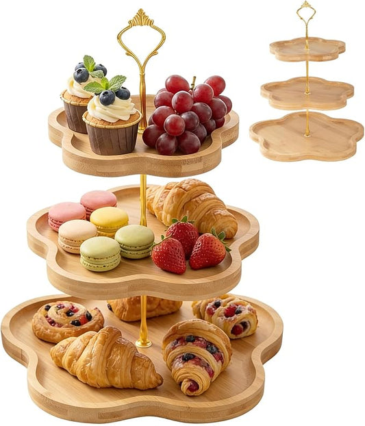 DUJUST Elegant 3-Tier Wooden Cupcake Stand with Flower-Shaped Design, Rustic Bamboo Tiered Serving Tray for Cupcake, Desserts, Tea Party, Wedding, Farmhouse & Kitchen Decor, Easy to Install & Clean