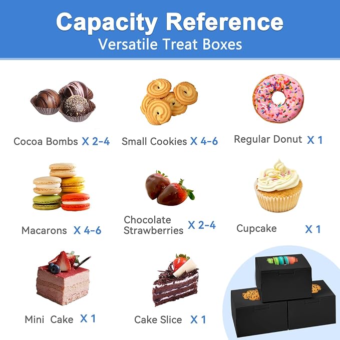 Shallive 4-Inch Small Cookie Boxes 50 Pcs Black - Bakery Treat Boxes with Window for Graduation Gifting, To-go Tins for Cake Slice, Macarons, Donuts 4x4x2.5 Inch