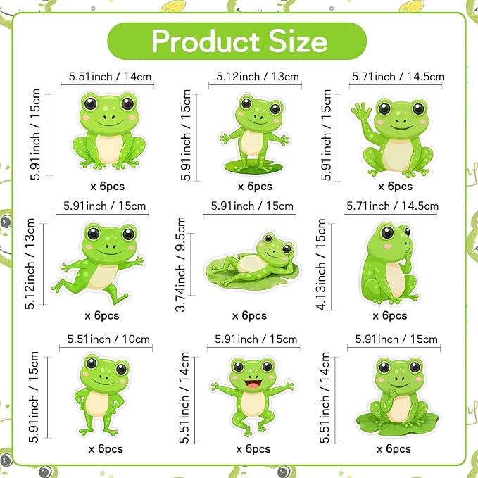 Vuzvuv 54Pcs Spring Green Frog Cutouts Paper with 100Pcs Glue Points for Wall Bulletin Board Decorations or Theme Party or Classroom Decor Supplies