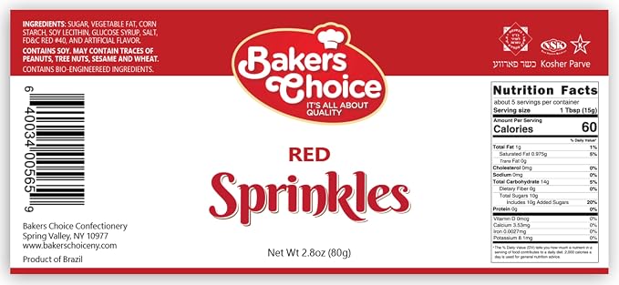 Bakers Choice Red Sprinkles for Baking - Jimmies Sprinkles for Ice Cream Toppings - Dairy Free, Kosher 2.8 oz.