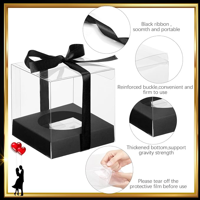 96 Pieces Individual Cupcake Boxes Single Cupcake Container Clear Cupcake Carrier Plastic Cupcake Storage Cupcake Holder with Ribbon and Insert for Wedding Birthday Party Favor, 3.5 x 3.5 x 3.5(Black)