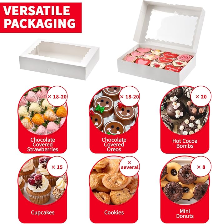 Ocmoiy 20 Pack Bakery Boxes, 12x8x2.5 Inch Cookie Boxes with Window, Auto-Popup Treat Box for Chocolate Covered Strawberries, Pastries, Donuts, Muffins, Breakable Hearts
