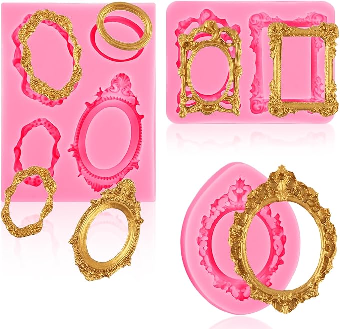3 Pcs Photo Frame Silicone Molds, Vintage Picture Frame Fondant Molds Mini Baroque Style Air Dry Clay Resin Mold for Baking Chocolate Cupcake Topper Candy Donut Cake Decoration Craft Making
