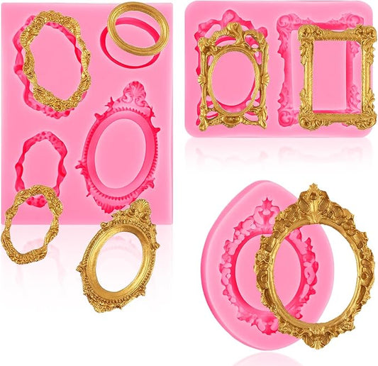 3 Pcs Photo Frame Silicone Molds, Vintage Picture Frame Fondant Molds Mini Baroque Style Air Dry Clay Resin Mold for Baking Chocolate Cupcake Topper Candy Donut Cake Decoration Craft Making