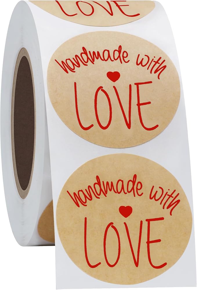 Hybsk Kraft Handmade with Love Stickers with Black Font 1.5" Inch Round Total 500 Labels Per Roll (Type 2)